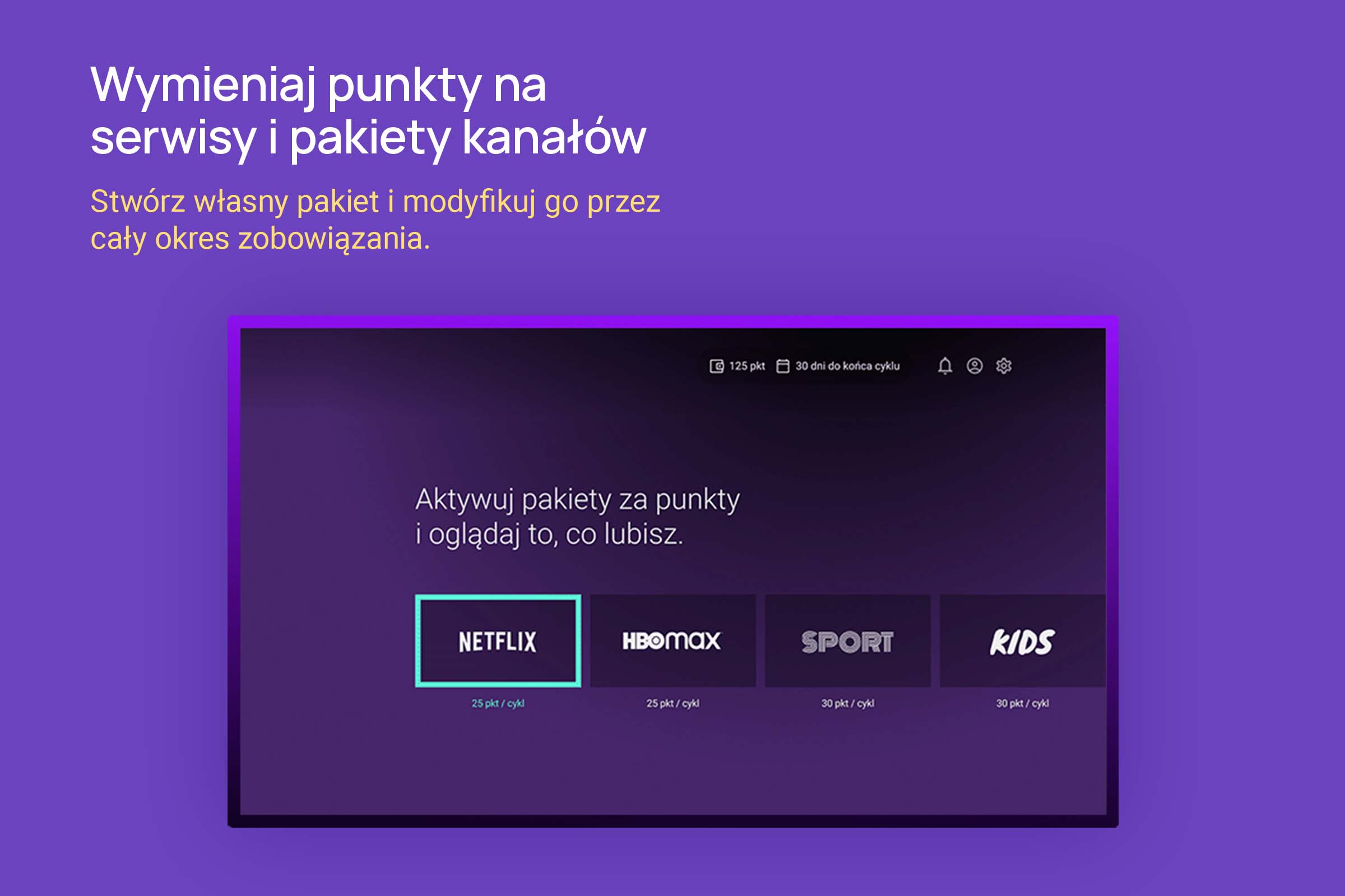 Grafika reklamowa z opcjami wymiany punktów na subskrypcje Netflix, HBO Max, Sport i Kids na fioletowym tle