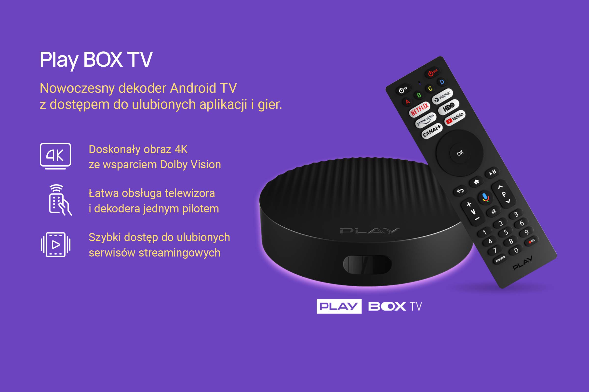 TV dekoder Play BOX z kontrolerem, 4K, Dolby Vision, na fioletowym tle z polskim tekstem informacyjnym