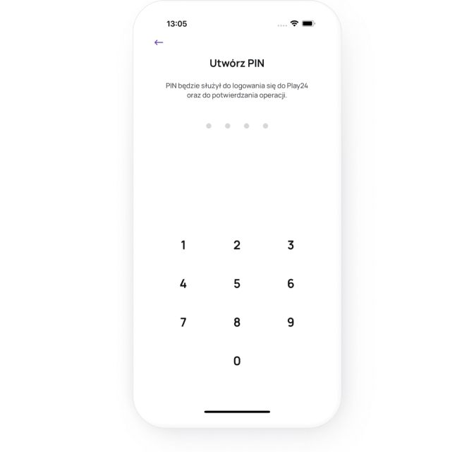 Ekran telefonu z interfejsem tworzenia PIN-u dla usługi Play24 z klawiaturą numeryczną 0-9