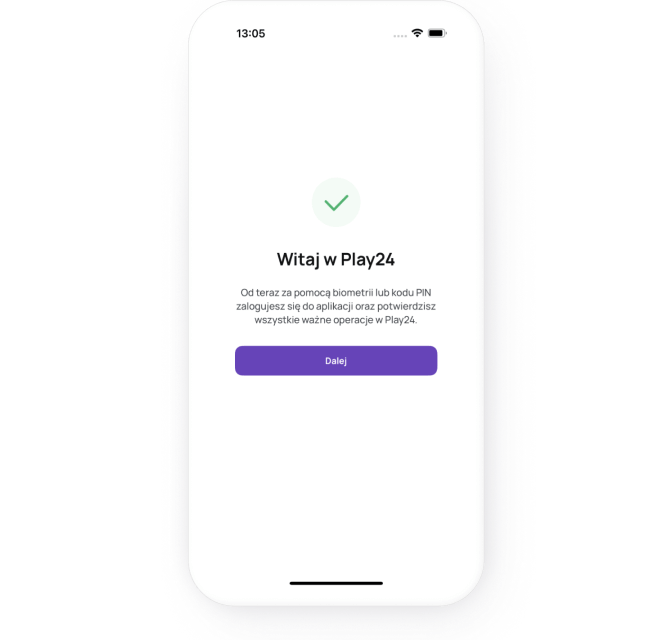 Ekran smartfona z powitaniem aplikacji Play24 i opcjami logowania
