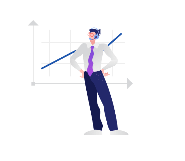 Stylizowana osoba w garniturze z rękami na biodrach, za nią wykres wzrostu.