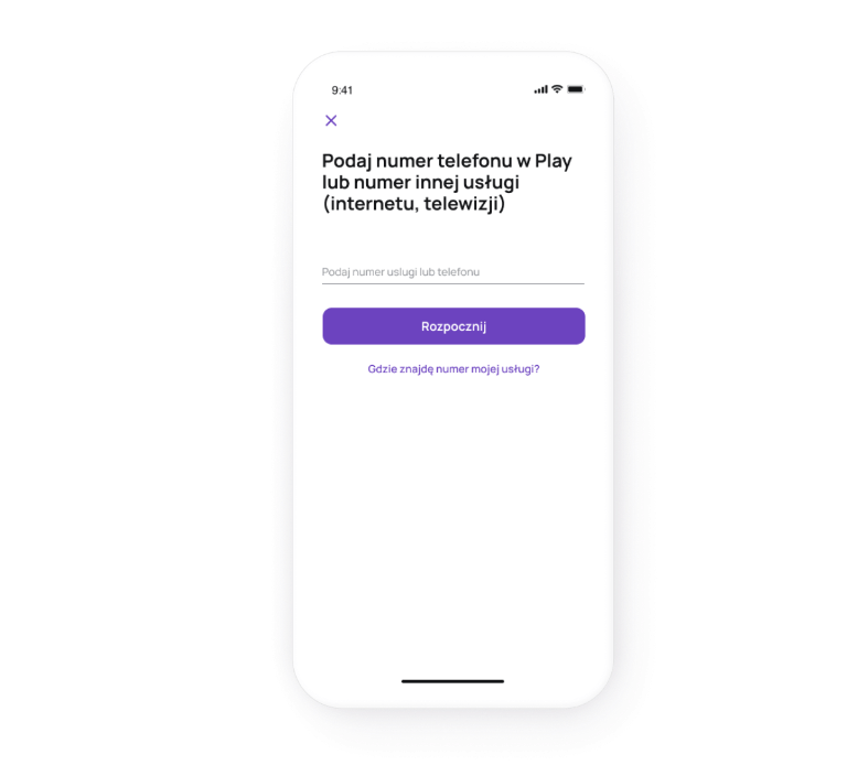 Ekran telefonu z komunikatem 'Podaj numer telefonu w Play lub innej usługi' i przyciskiem 'Dalej'