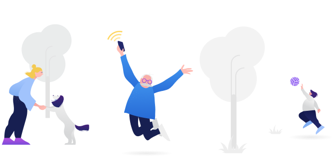 Kolorowa ilustracja parku z blondynem bawiącym się z psem, staruszkiem skaczącym i dzieckiem z kłębkiem włóczki