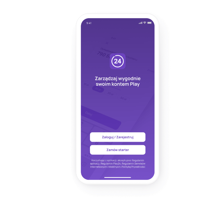Interfejs aplikacji na smartfonie do zarządzania kontem Play z przyciskami "Przejdź do aplikacji" i "Wybierz ofertę na kartę"